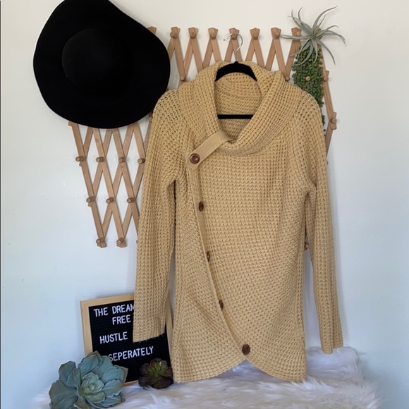 Sweaters - Cream knitted cowl neck button sweater